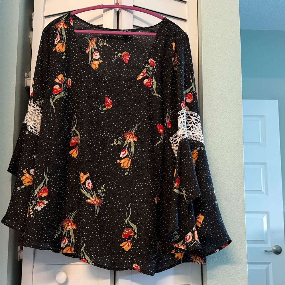 4/$20 Floral Black Women's Top with Lace Accents